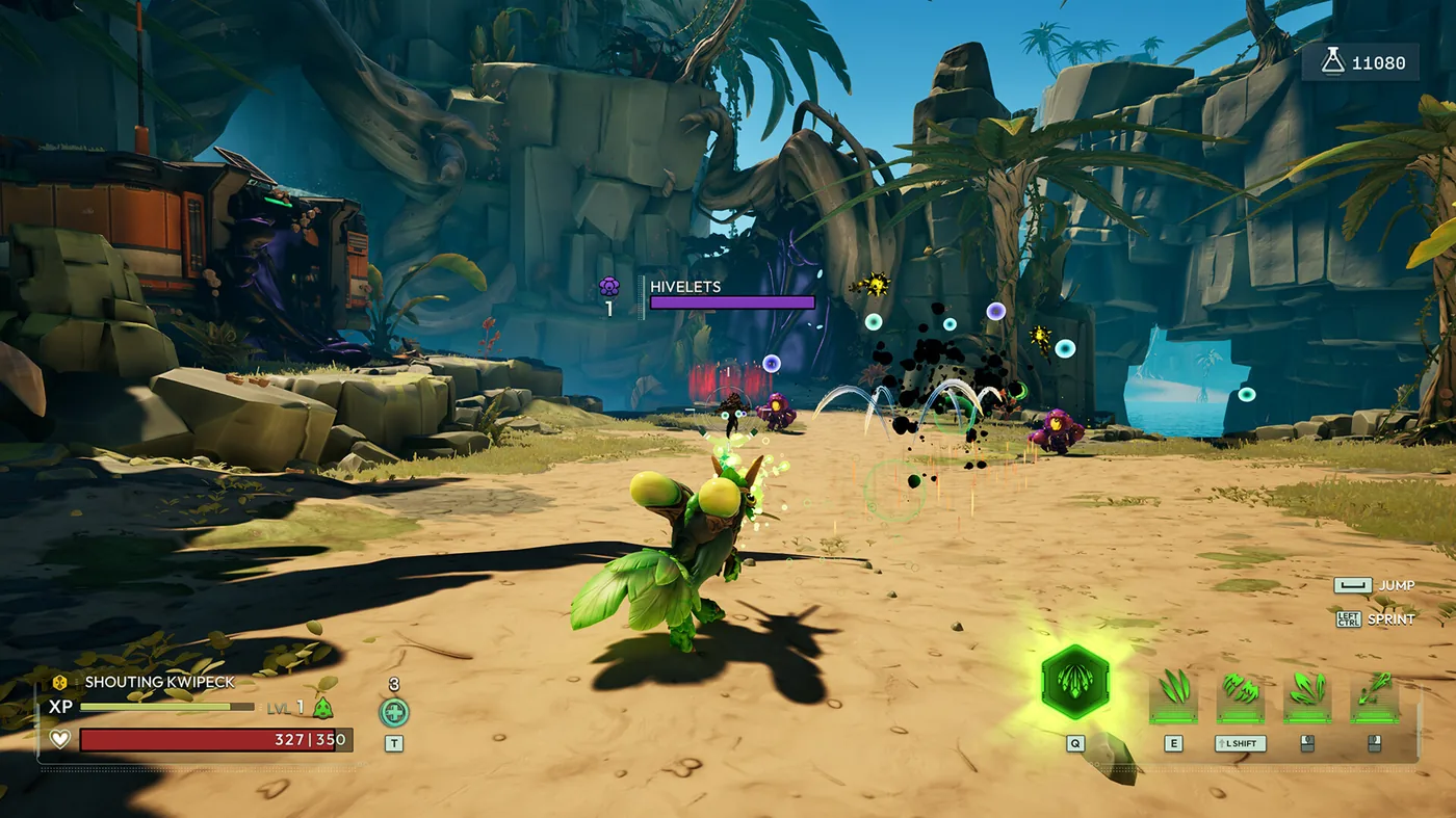 Official Voidling Bound gameplay screenshot showing a creature fighting enemies in a colorful zone