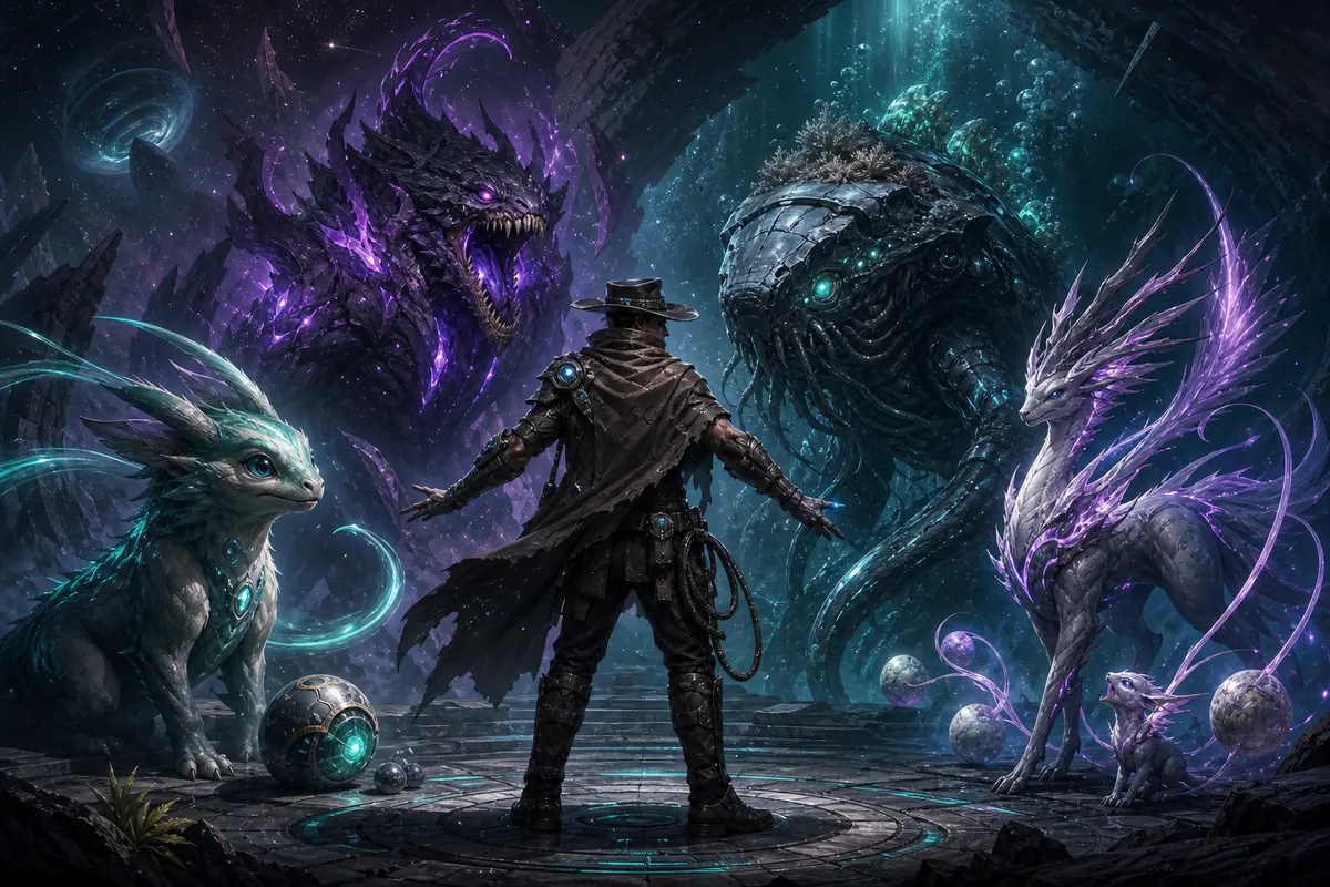Editorial concept illustration of a space wrangler comparing four alien creature roles