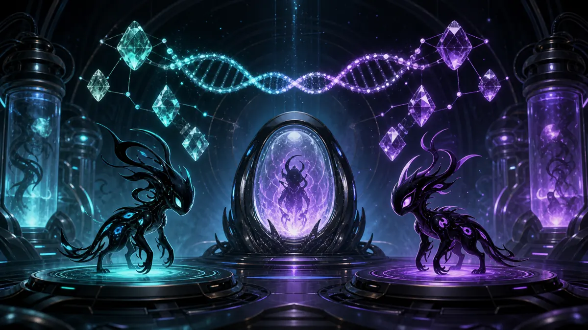 Non-official editorial illustration of a sci-fi breeding lab for Voidling Bound planning