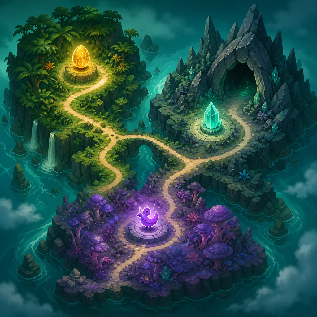 Conceptual Voidling Bound collectibles route illustration with a Golden Egg, Mutagen crystal and purple Quacky marker