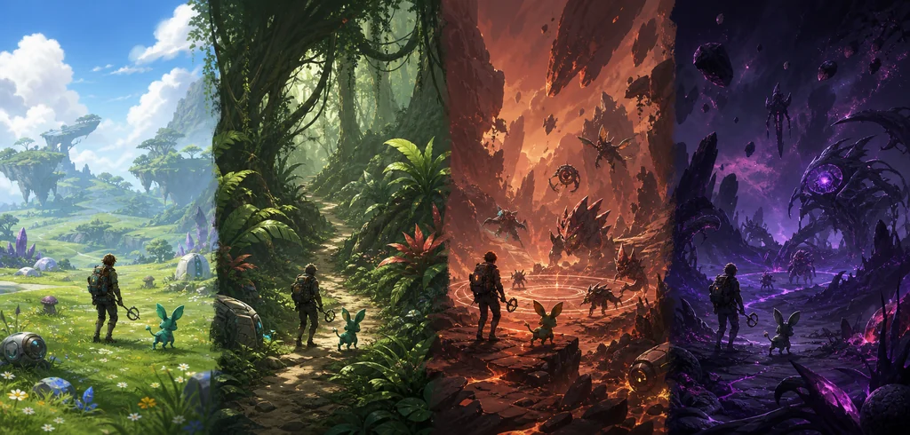 Editorial illustration showing four Voidling Bound difficulty tiers rising from calm exploration to intense combat pressure