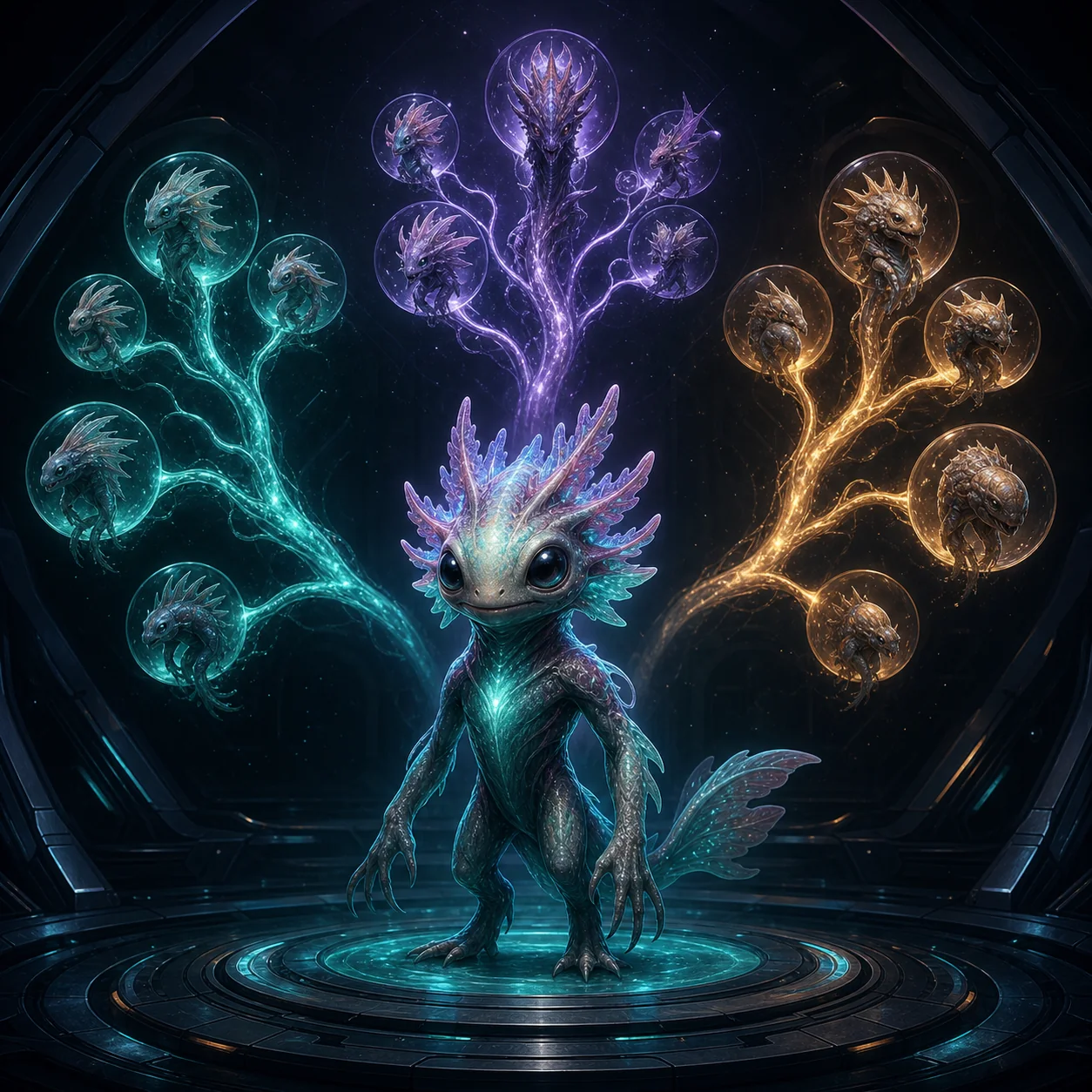 Conceptual editorial illustration showing three luminous Voidling evolution branches