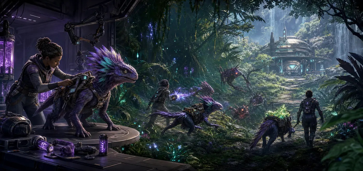Editorial illustration of a Voidling Bound expedition moving from creature preparation to exploration and combat