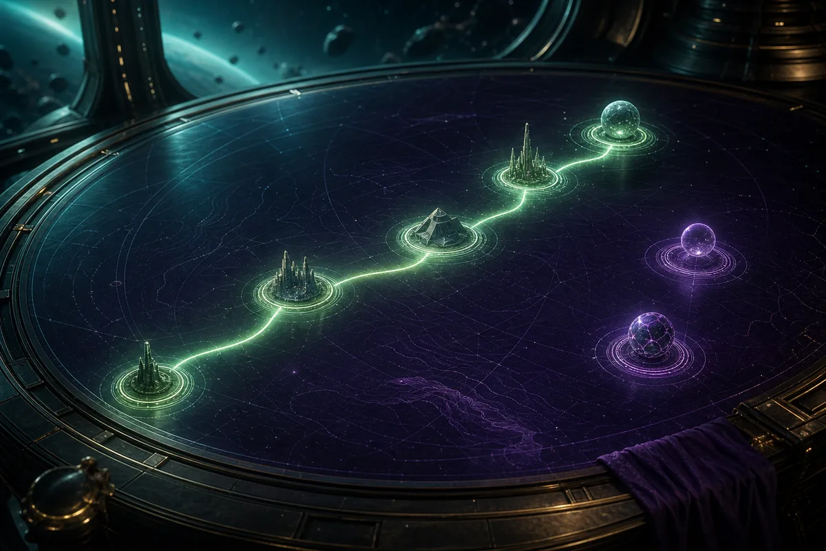 Concept roadmap table with a confirmed route and separate future nodes, illustrating planned but unavailable multiplayer