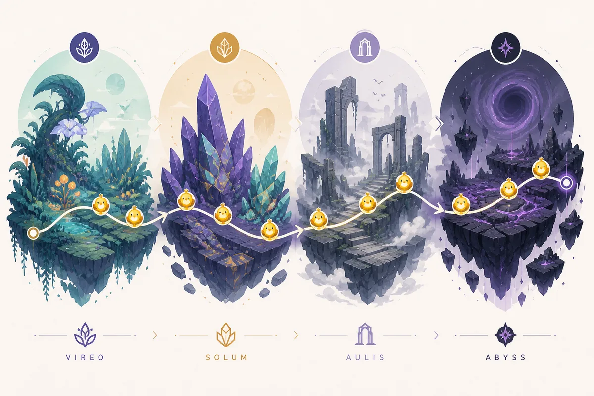 Non-official editorial route illustration showing Quacky collection planning across Vireo, Solum, Aulis and Abyss