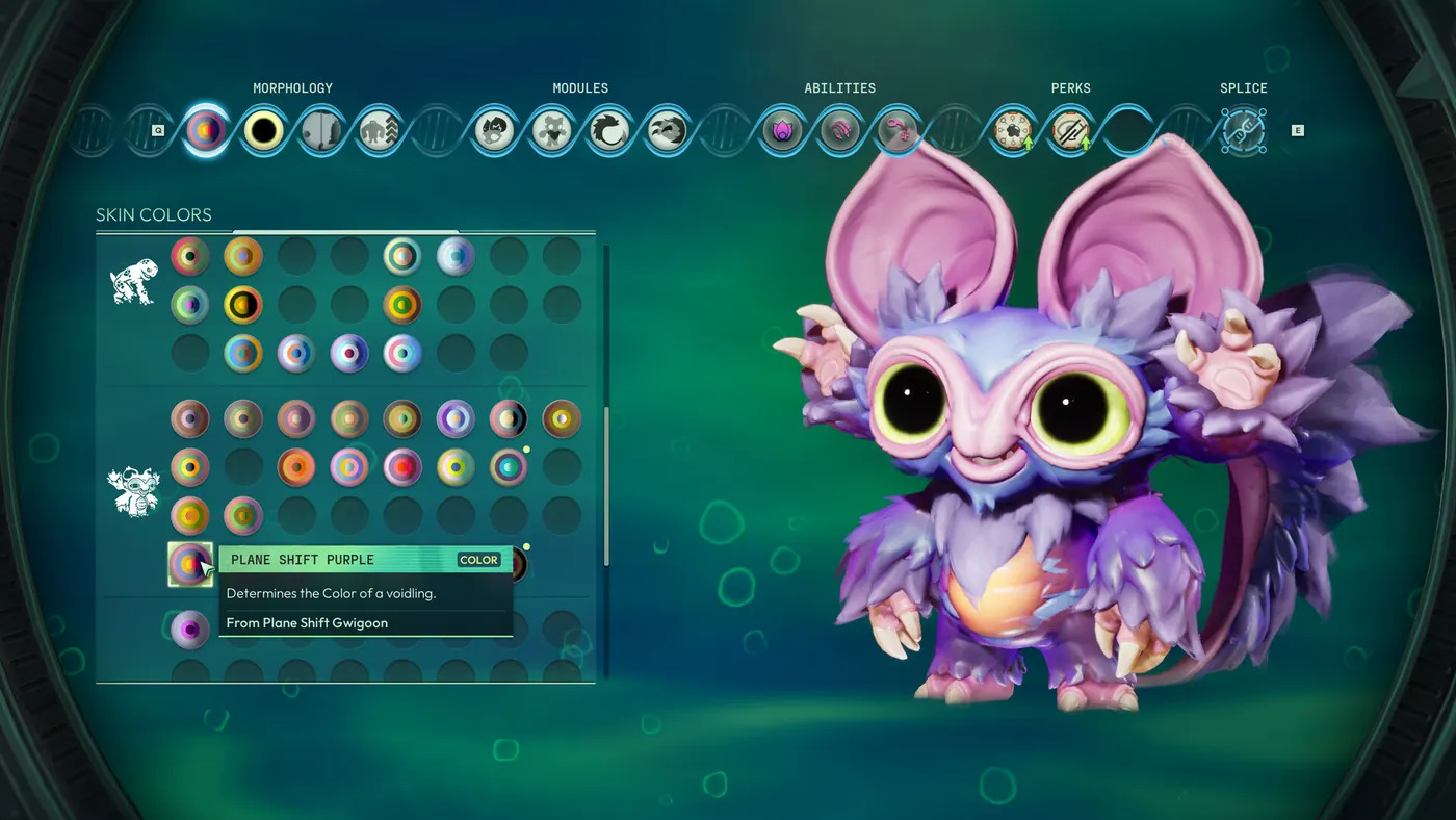 Official Voidling Bound Steam screenshot showing morphology, modules, abilities and perks around a Voidling