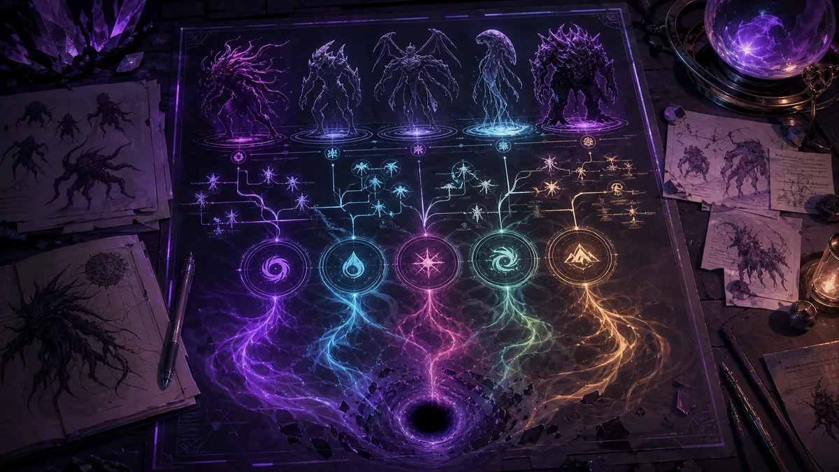 Non-official editorial concept visual showing Voidling type planning, attribute tokens, and branching evolution ideas