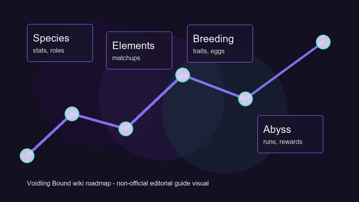 Non-official Voidling Bound wiki roadmap showing species, elements, breeding, and Abyss guide categories